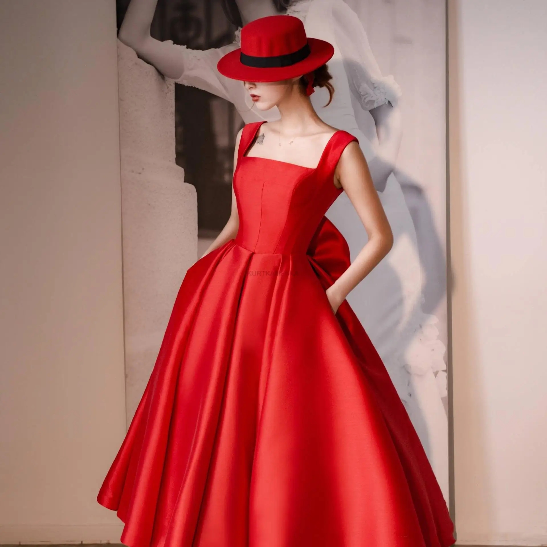 Classic Red Evening Pageant Dress 2025 With Big Bow Straps Square Neck Satin A-e Prom Party Formal Gowns Vestidos Feast Robe De Soiree