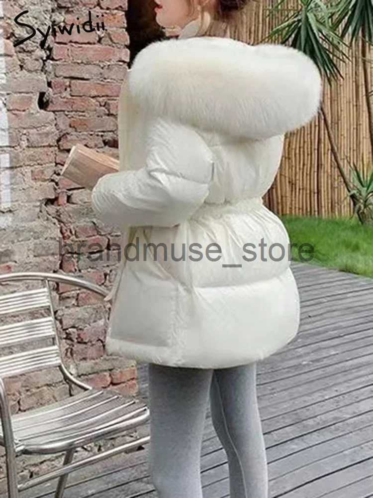 Women's Down Parkas Syiwidii 90 Duck Down Jacket Women Hooded Coat Windproof Belted Thick Belted Fur Collar Solid Zippers Warm New Fashion Clothi
