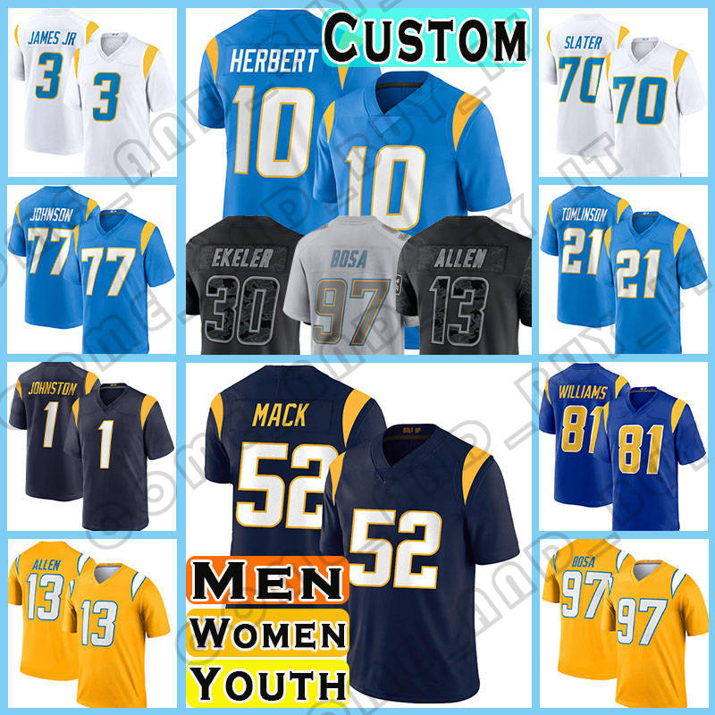 10 Justin Herbert Football Jerseys Derwin James Jr Khalil Mack Joey Bosa Los Angeleses Chargers Keenan Allen Austin Ekeler Quentin Johnston J.C. Jackson Mike Williams