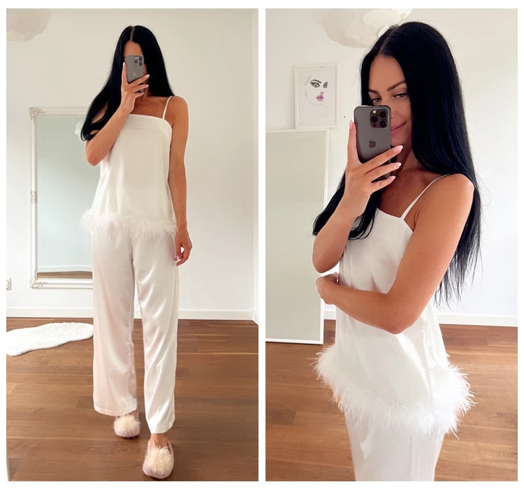 Women's Sleepwear Chic Satin Pajamas With Feathers Women Sets Pants Black Spaghetti Strap Home Suit White Trouser Suits 231219