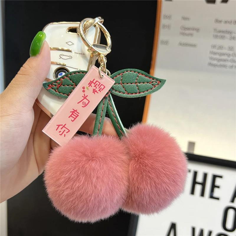Key Rings Cute Small Cherry Real Rex Rabbit Fur Keychain Plush Ball Bag Charm Women Car Keyring Jewelry Pendant Sweet Girl Birthday Gifts 231218