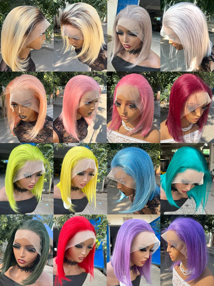 Synthetic Wigs Rose Pink Short Colored Bob Human Hair Brazilian 13X4 Straight Lace Front Transparent Pre Plucked Glueless Wig 231219