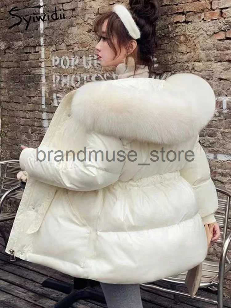 Women's Down Parkas Syiwidii 90 Duck Down Jacket Women Hooded Coat Windproof Belted Thick Belted Fur Collar Solid Zippers Warm New Fashion Clothi