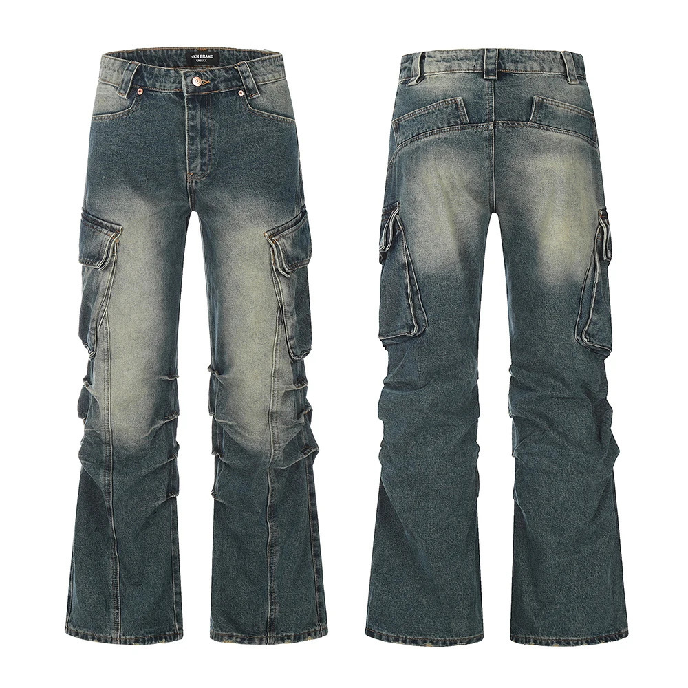 Women s Tracksuits Streetwear Side Pockets Pleated Washed Blue Jeans Unisex Straight Baggy Y2k Denim Pants Ropa Hombre Casual Cargo Oversized 231219