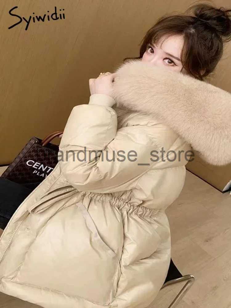 Women's Down Parkas Syiwidii 90 Duck Down Jacket Women Hooded Coat Windproof Belted Thick Belted Fur Collar Solid Zippers Warm New Fashion Clothi