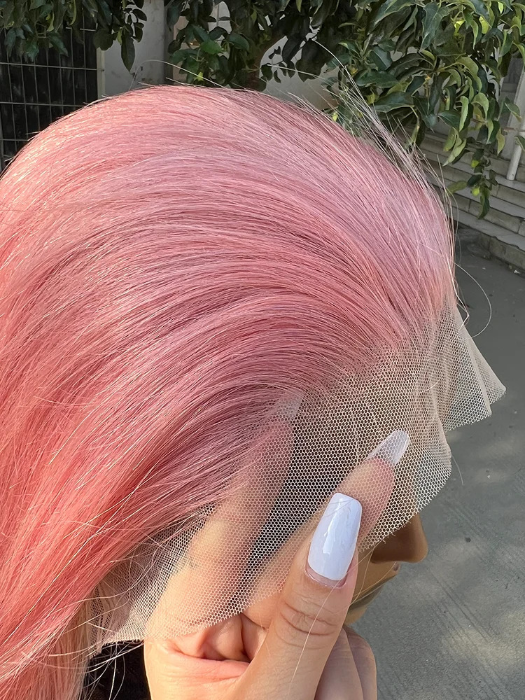 Synthetic Wigs Rose Pink Short Colored Bob Human Hair Brazilian 13X4 Straight Lace Front Transparent Pre Plucked Glueless Wig 231219