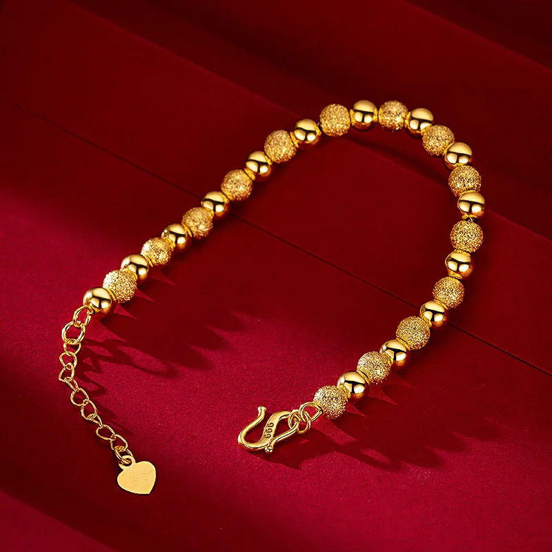 Charm Bracelets Real 18K Gold 6mm Round Bead Chain Bracelet Pure Adjustable Classic Wedding Chain for Women Fine Jewelry Gift 231218