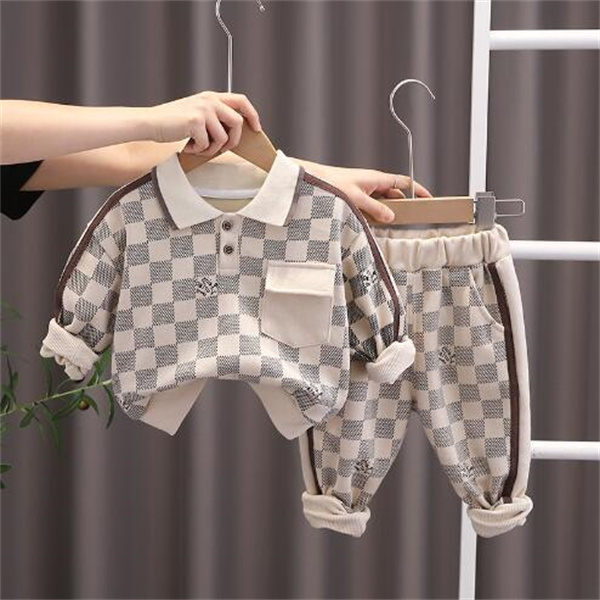 Spring baby set Children's checkered cotton casual cartoon square collar long sleeve trousers two-piece suit