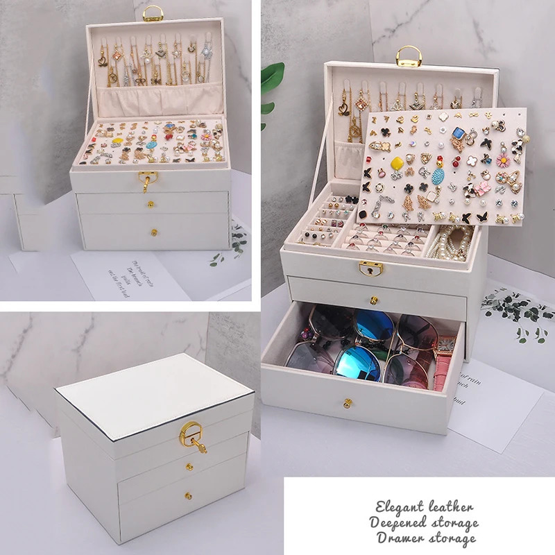 Jewelry Boxes High Quality Pu Jewelry Organizer Box Necklaces Earrings Rings Display Oversized Holder Case For Women Large Capacity With Lock 231218