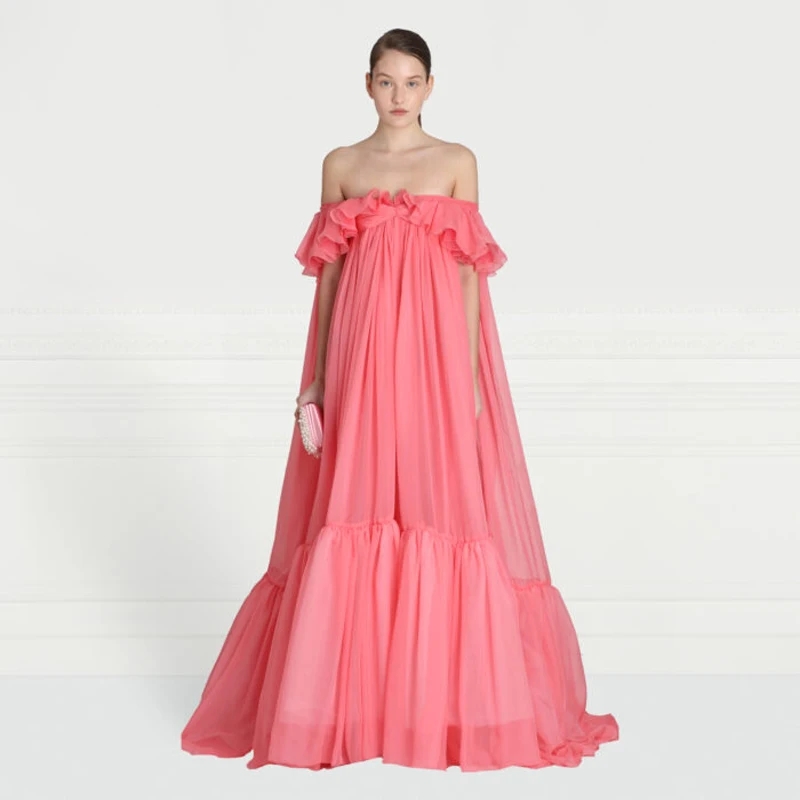 New Coral Red Evening Pageant Dress 2026 Off Shoulder Chiffon Outfit Women Prom Party Formal Gowns Maternity Wear Vestidos Feast Robe De Soiree