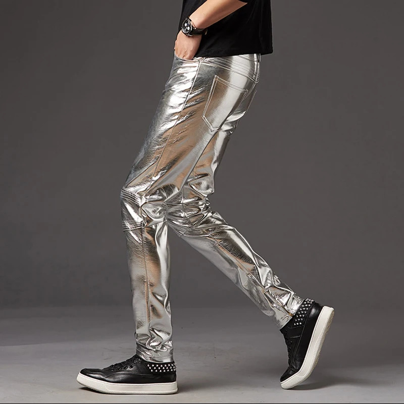 Men's Pants PU Leather Shiny Slim Fit Fashion Nightclub Party Trousers Dance Thin 231218