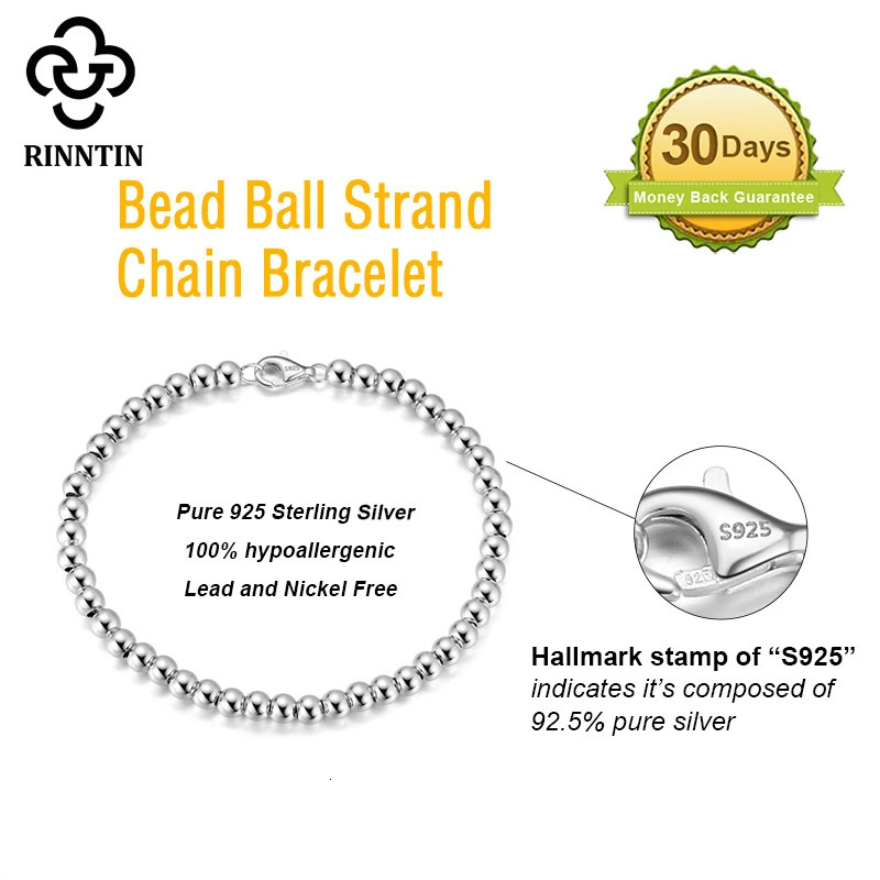 Charm Bracelets Rinntin 14K Gold 925 Sterling Silver 4mm Bead Ball Strand Chain Bracelet for Women Trendy Handmade Bracelets Jewelry SB103 231218