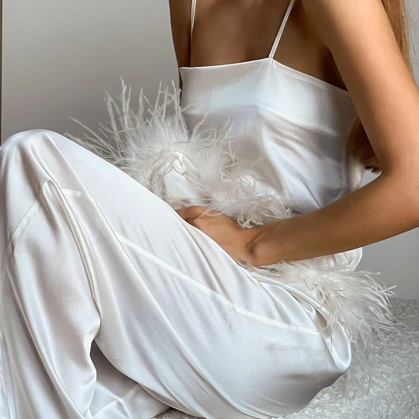 Women's Sleepwear Chic Satin Pajamas With Feathers Women Sets Pants Black Spaghetti Strap Home Suit White Trouser Suits 231219