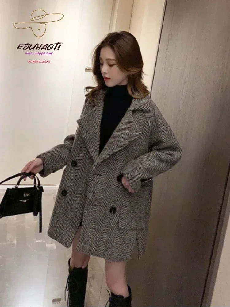 Women's Wool Blends Jacket Korean Woolen Cloth Coat Oversize Autumn Winter British Style Retro Cotton Mid Length Version Woman Clothing 231218