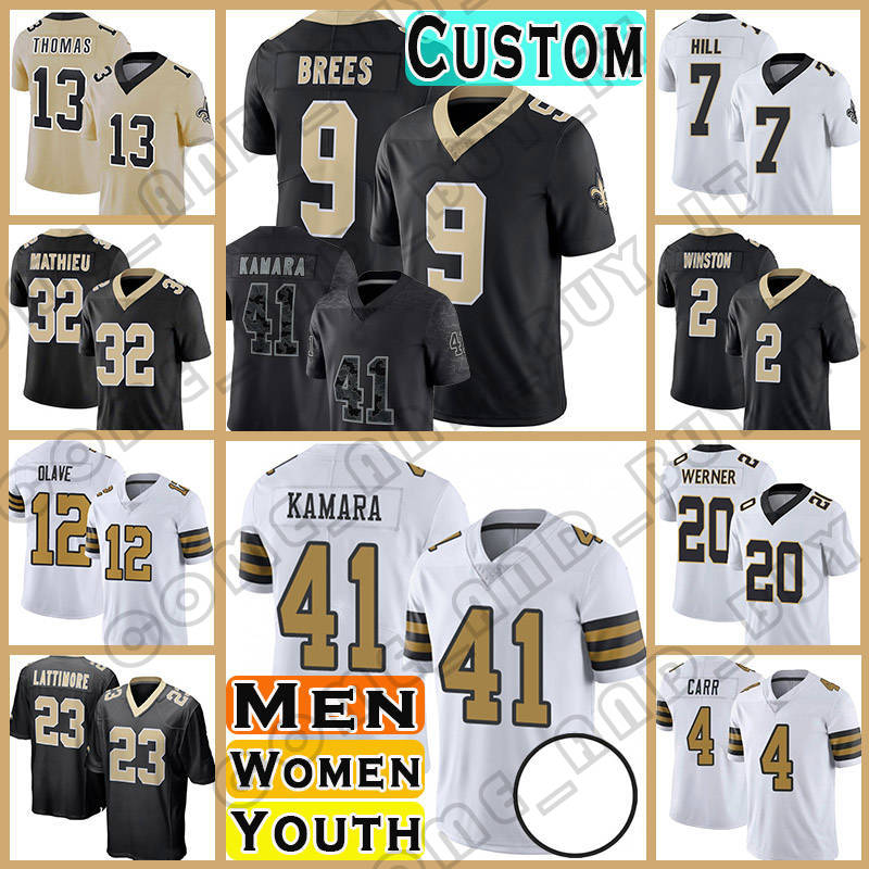 41 Alvin Kamara Football Jerseys Derek Carr Tyrann Mathieu Chris Olave New Orleanses Saints Jameis Winston Marshon Lattimore Jamaal Williams Taysom Hill Drew Brees