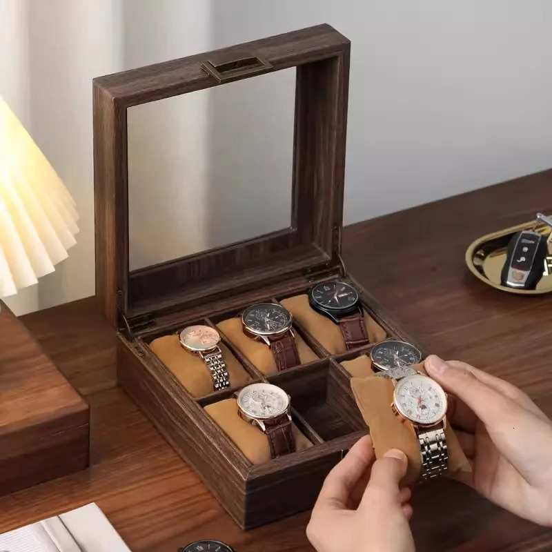 Jewelry Boxes Wooden grain leather watch storage box household dust proof gift collection display 231219