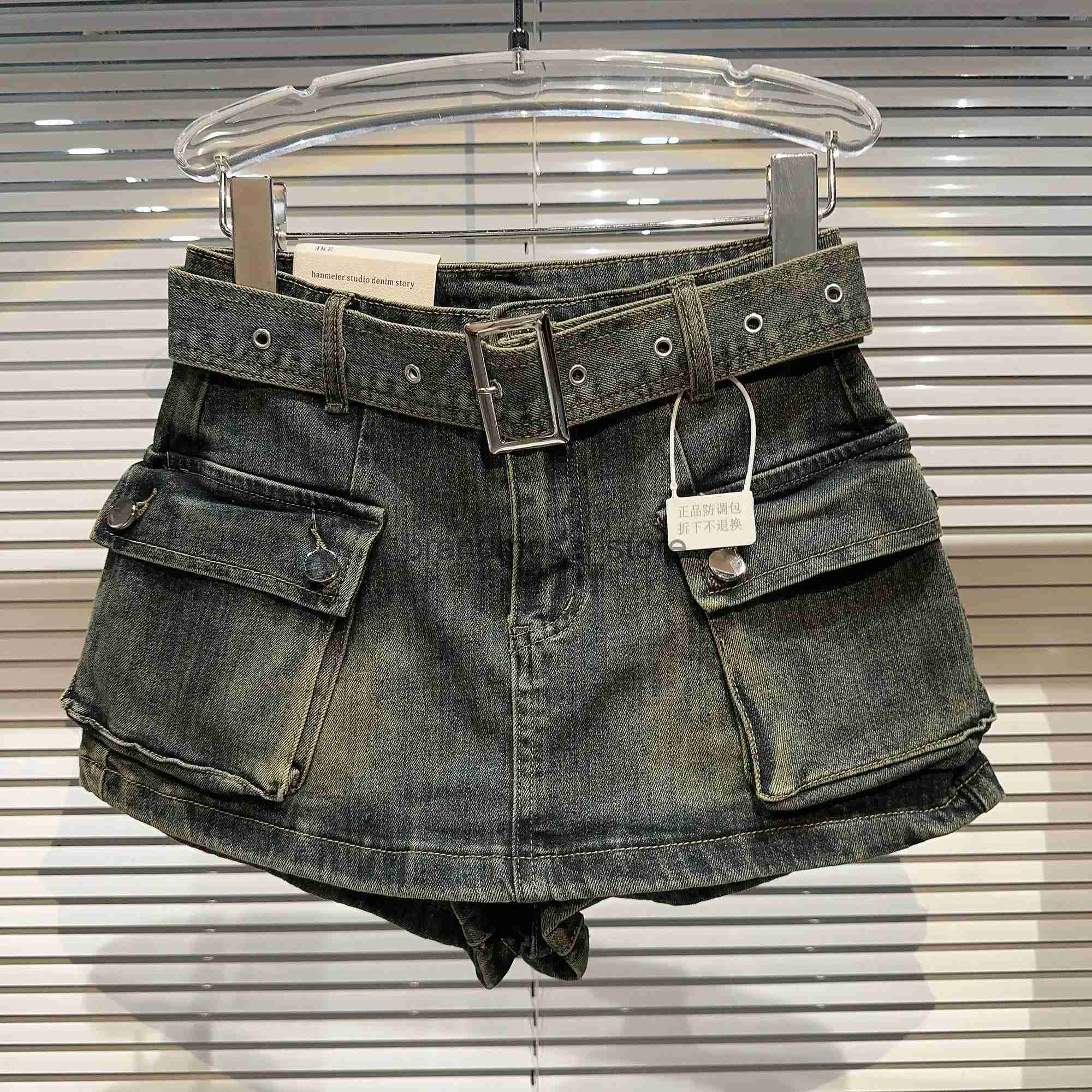 Women's Jeans PREPOMP 2023 Autumn New Collection Big Pockets Belt Denim Shorts Skirt Women Short Jeans GL211 J231219