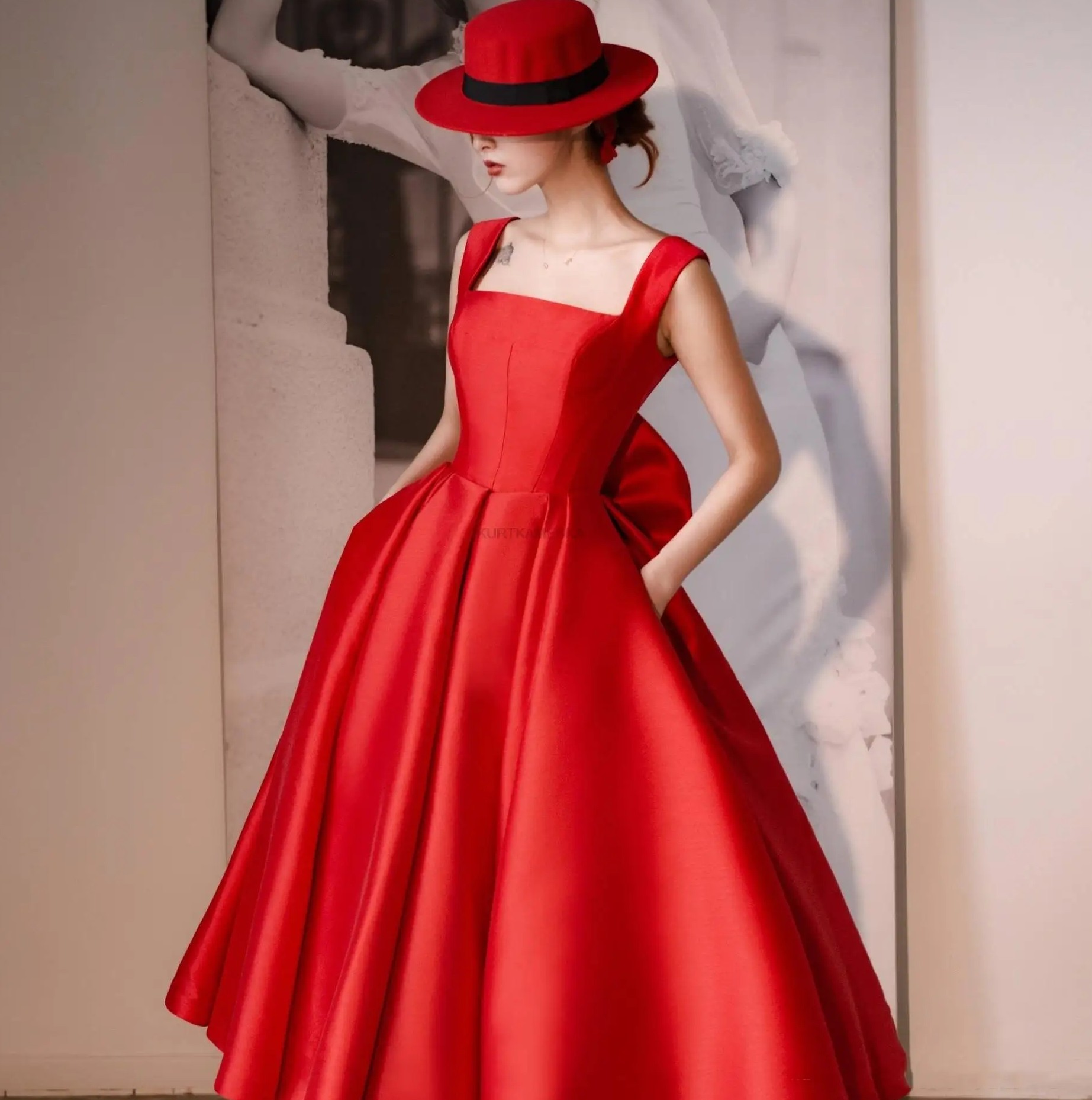 Classic Red Evening Pageant Dress 2025 With Big Bow Straps Square Neck Satin A-e Prom Party Formal Gowns Vestidos Feast Robe De Soiree