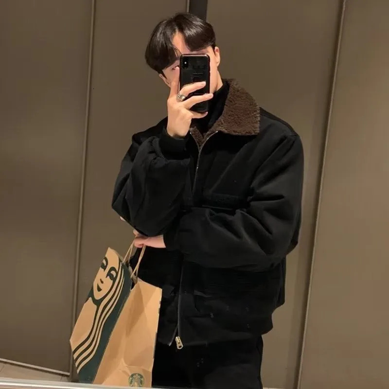 Men's Jackets Winter Clothing Korean Men's Casual Jacket High Street Zippers Turn-down Collar Long Sleeve Patchwork Retro Thicken Coat 23121