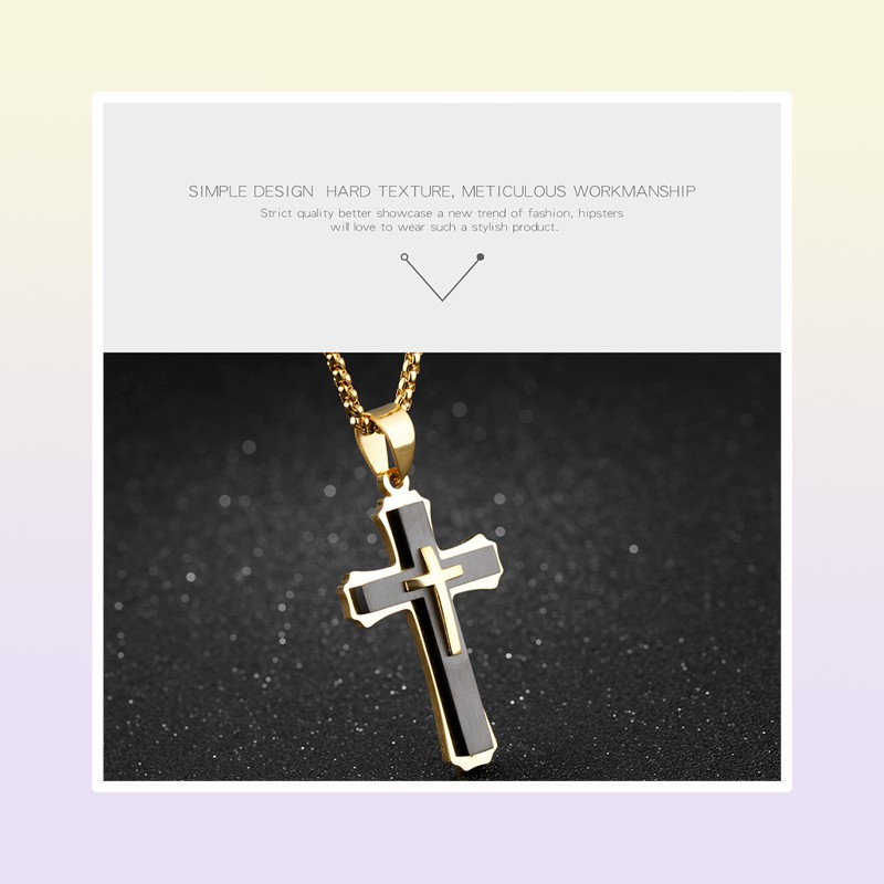 Hip Hop Cross Pendant Necklace For Men New WhiteBlack Gold Color Stainless Steel 55CM Box Link Chain Male Gift
