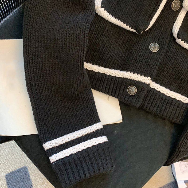 Black Preppy Style Knitted Cardigan Sweater For Women With Pocket, Long Sleeve, Casual Loose Fit, 100% Cotton, Winter Clothing B2