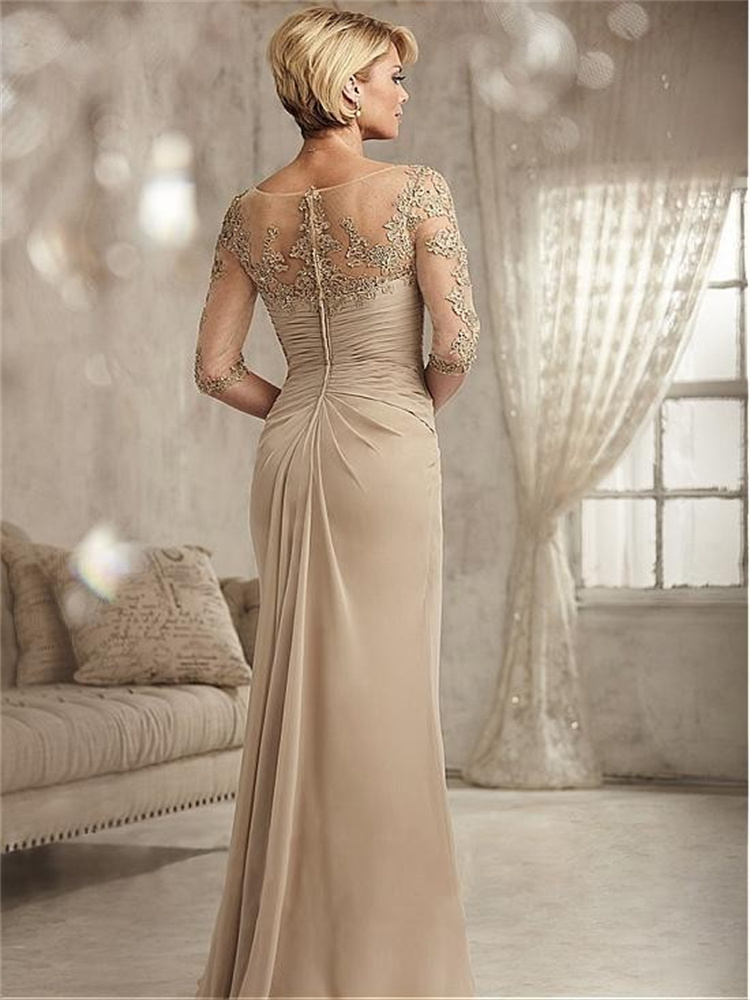 Elegant Applique Lace Mother of the Bride Champagne Evening Chiffon Half Sleeves Prom Dresses Vestidos