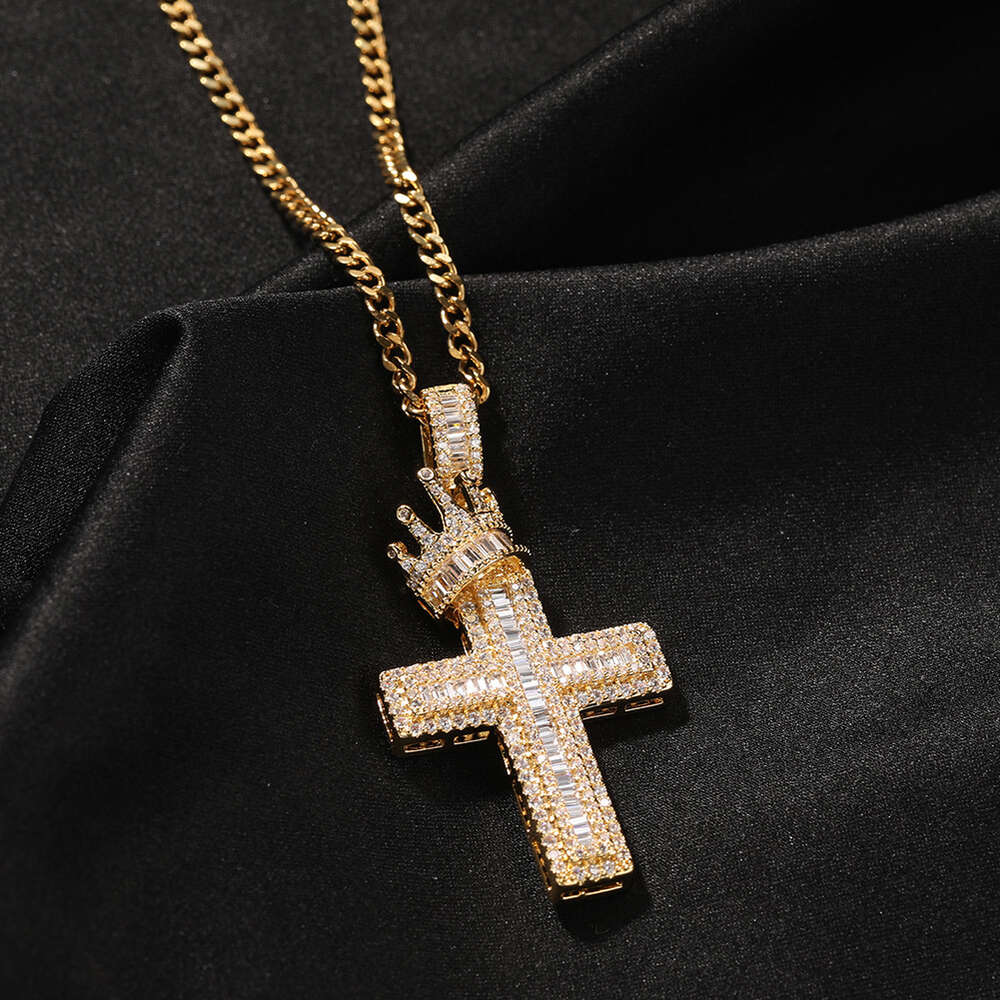 crown cross pendant necklace men Hip Hop punk fashion personality wide GRA moissanite diamond 18k gold sterling silver cuban link chain women