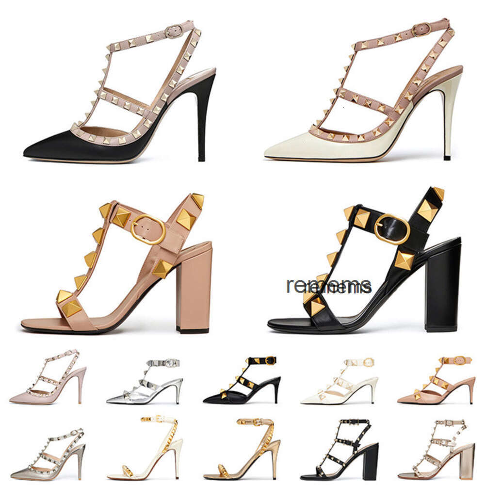 Designer High Heel VT Sandal Dress Shoes Ankle Strap Roman Studs Black Nude Strip Rivets Womens Stiletto Block Heel 35-42
