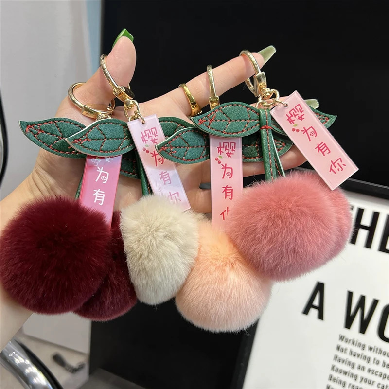 Key Rings Cute Small Cherry Real Rex Rabbit Fur Keychain Plush Ball Bag Charm Women Car Keyring Jewelry Pendant Sweet Girl Birthday Gifts 231218