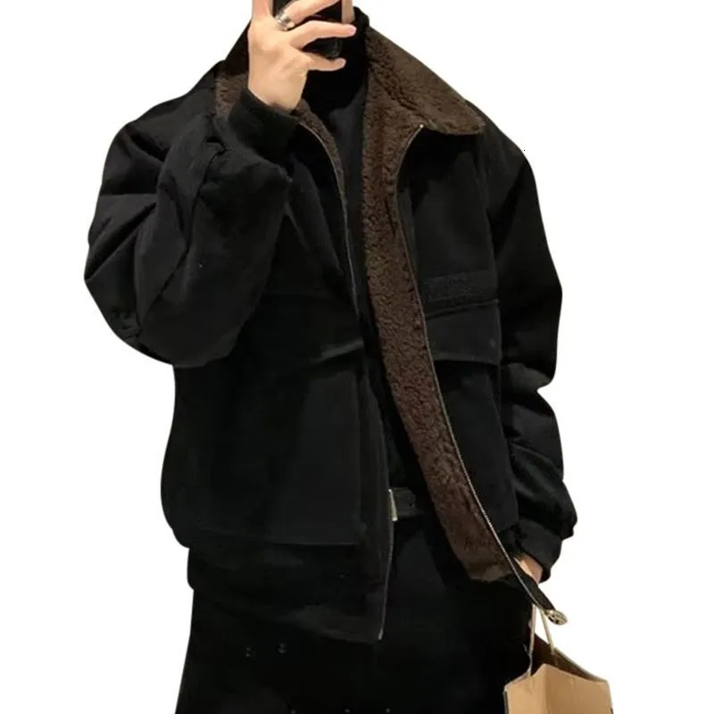 Men's Jackets Winter Clothing Korean Men's Casual Jacket High Street Zippers Turn-down Collar Long Sleeve Patchwork Retro Thicken Coat 23121