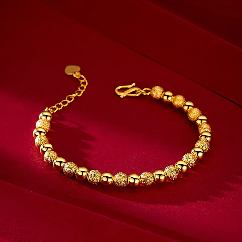 Charm Bracelets Real 18K Gold 6mm Round Bead Chain Bracelet Pure Adjustable Classic Wedding Chain for Women Fine Jewelry Gift 231218