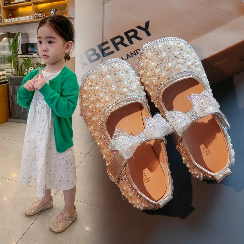Flat shoes Girl's Princess Shoes Fashion Bow Rhinestone Pu Kids Children's Sandals Baby Girls Party Student Flat Shoes 231219