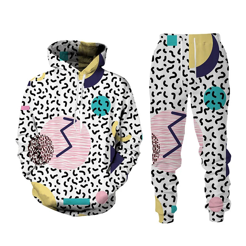 Ethnic Clothing Spring And Autumn Fashion Men Tracksuit 2 Piece Hip Hop Tops and Pants Male Female Sweat Suits Fun Geometry Print Hoodies 231219