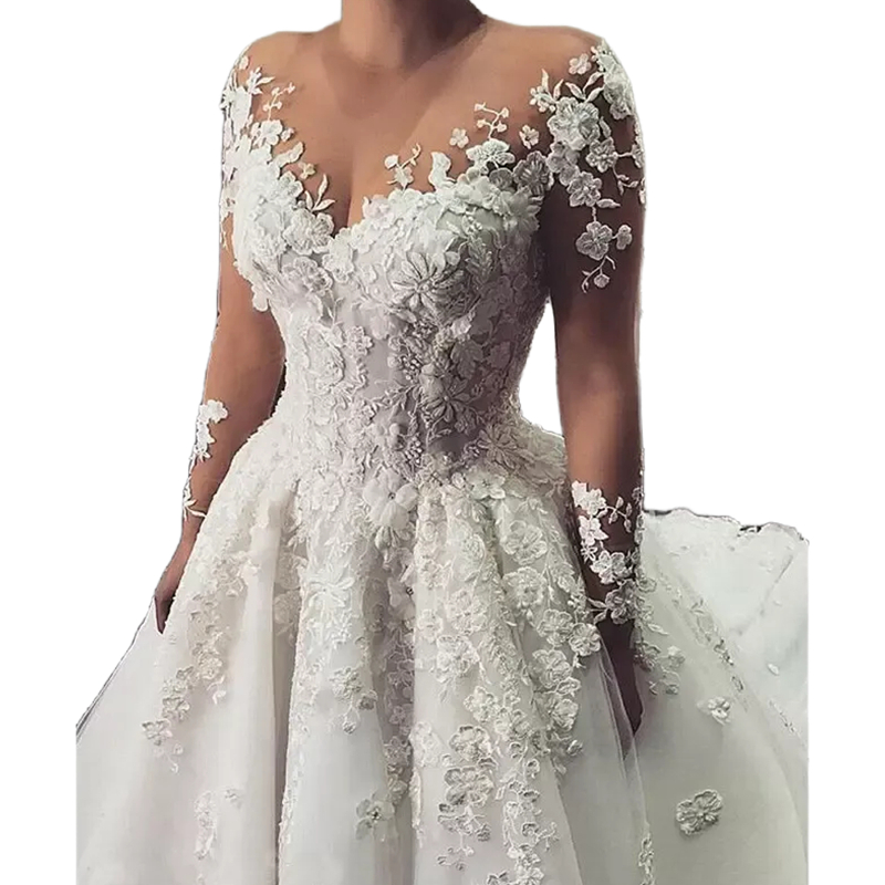 Luxury 3D Floral Appliques A Line Wedding Dresses Sheer Long Sleeves Long Tulle Bridal Gowns Pretty Lace Bride Formal Dress Court Train Plus Size Robe