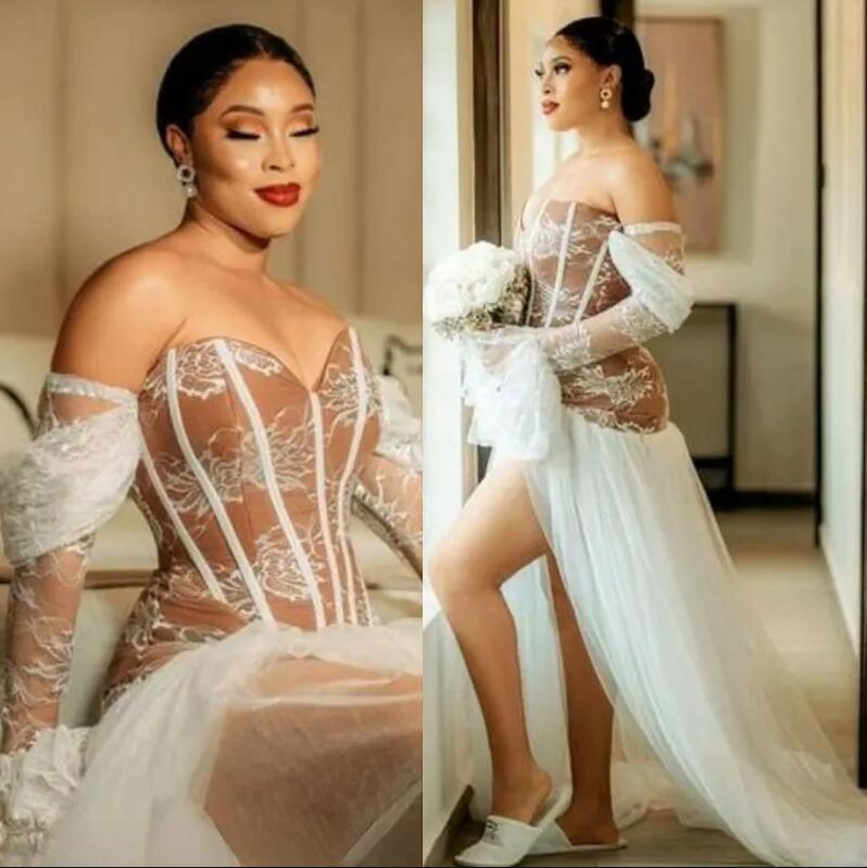 Champagne Lace Wedding Dresses Simple Gorgeous Long Sleeves Side Split Tulle African Bridal Gowns sweetheart boning corset