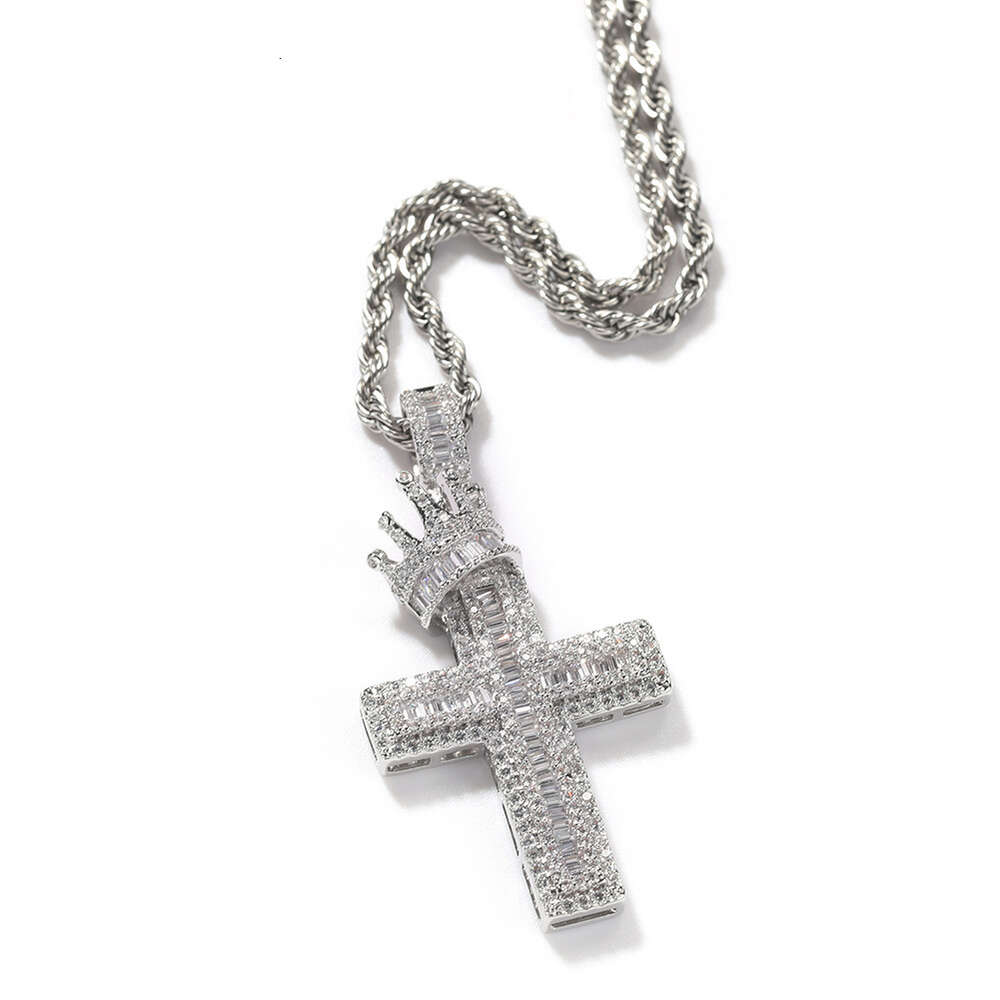 crown cross pendant necklace men Hip Hop punk fashion personality wide GRA moissanite diamond 18k gold sterling silver cuban link chain women