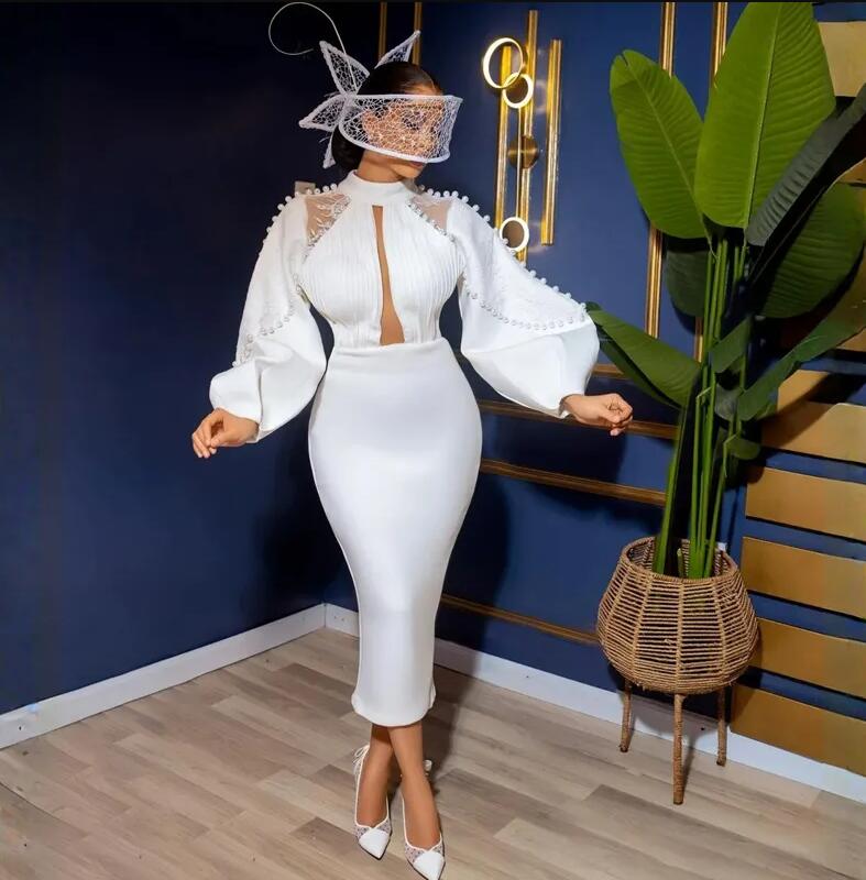 Long Sleeves african mermaid Prom Dresses White Lace Pearls Applique Beaded tea-length Occasion Outfit Evening Gowns