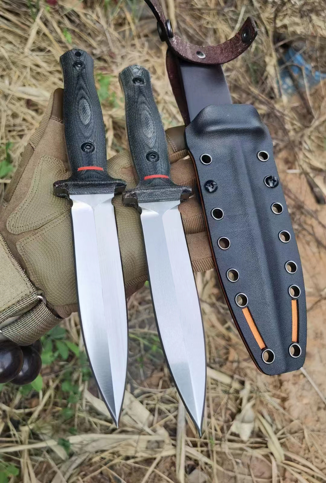High Quality Strong Fixed Blade Knife A8 knife Satin Double Edge Blade Full Tang G10 Handle Hand Made Tactical Straight Knives with Kydex