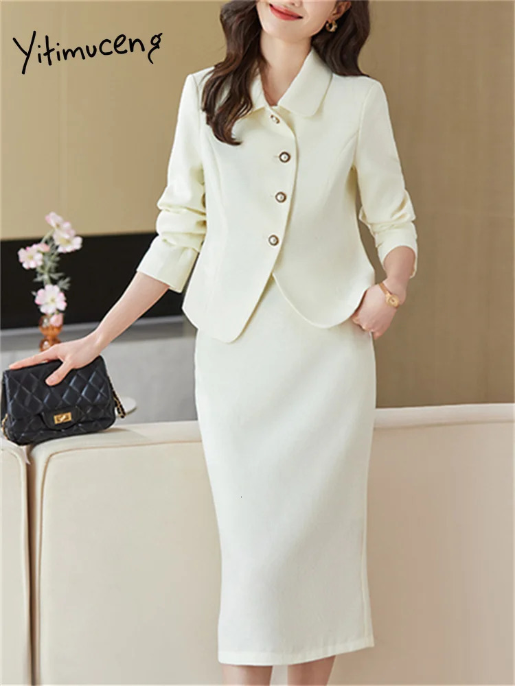 Two Piece Dress Yitimuceng Solid Sets Outifits 2023 Turn Down Collar Single Breasted Blazers High Waisted Chic Midi Skirt Suits 231219