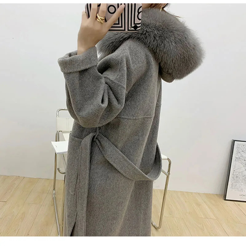 Women's Wool Blends Cashmere Woolen Women Plus Size Coat Long Sleeve Real Fur Hooded Loose Casual Jacket DoubleSided Oversize Overcoat 231218