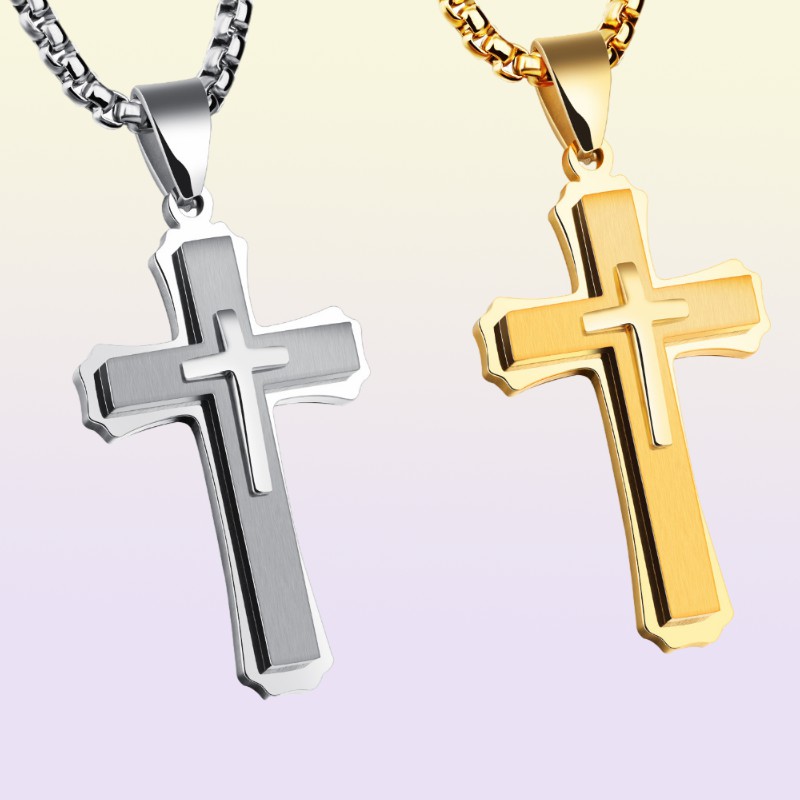 Hip Hop Cross Pendant Necklace For Men New WhiteBlack Gold Color Stainless Steel 55CM Box Link Chain Male Gift