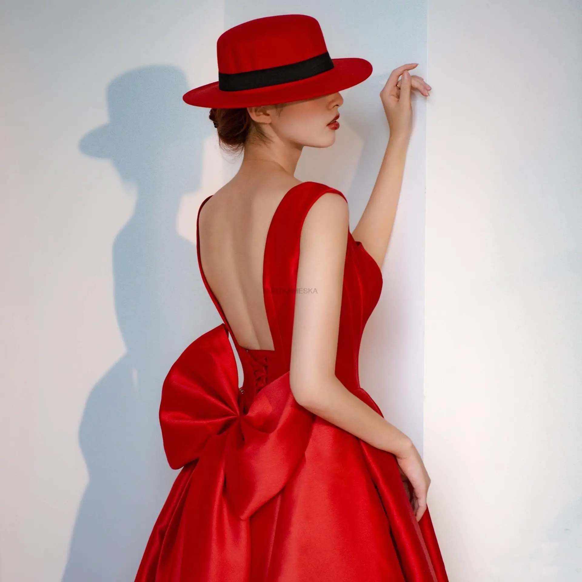 Classic Red Evening Pageant Dress 2025 With Big Bow Straps Square Neck Satin A-e Prom Party Formal Gowns Vestidos Feast Robe De Soiree