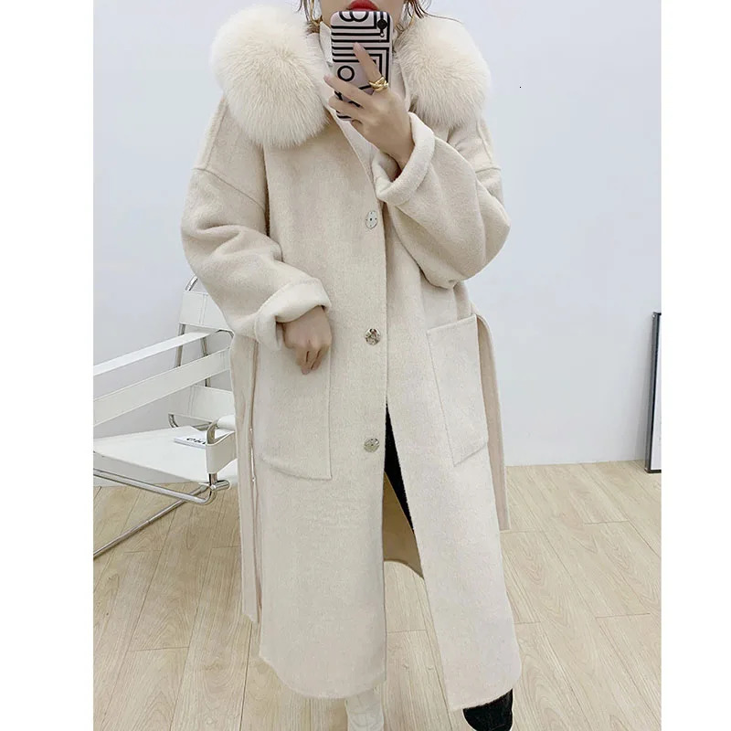 Women's Wool Blends Cashmere Woolen Women Plus Size Coat Long Sleeve Real Fur Hooded Loose Casual Jacket DoubleSided Oversize Overcoat 231218