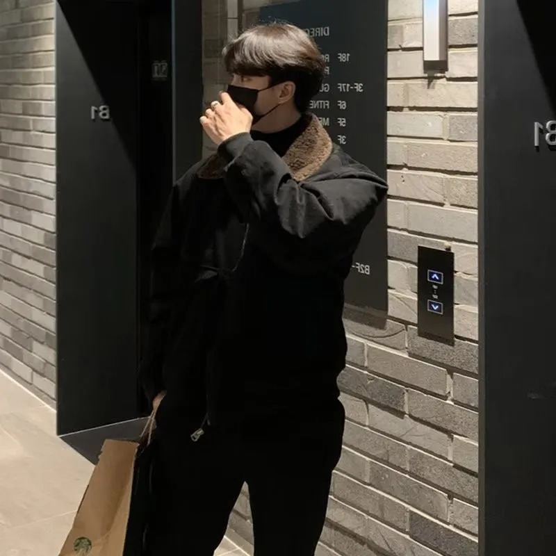 Men's Jackets Winter Clothing Korean Men's Casual Jacket High Street Zippers Turn-down Collar Long Sleeve Patchwork Retro Thicken Coat 23121