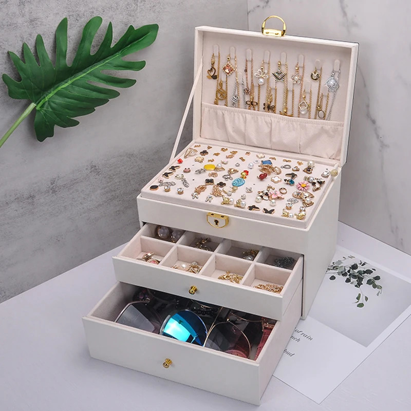 Jewelry Boxes High Quality Pu Jewelry Organizer Box Necklaces Earrings Rings Display Oversized Holder Case For Women Large Capacity With Lock 231218