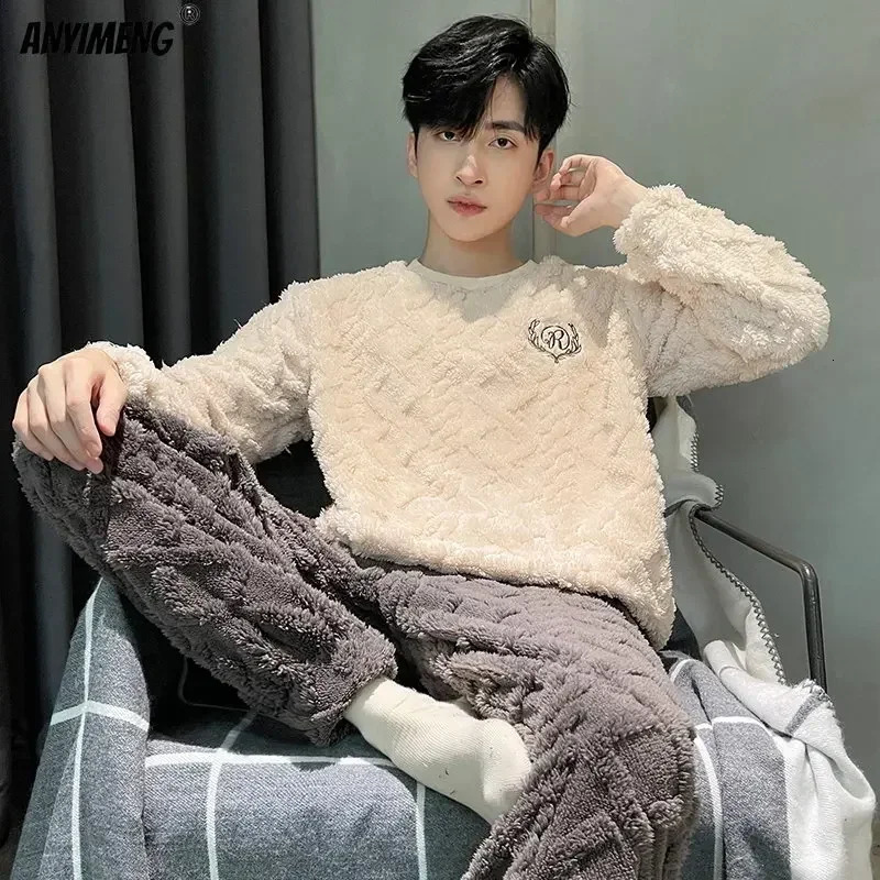 Men's Sleepwear L5XL Big Size Mens Pajamas Set Winter Thick Velvet Coral Pajama for Man Leisure Sporty Chubby Thermal Pijamas Boy 231219