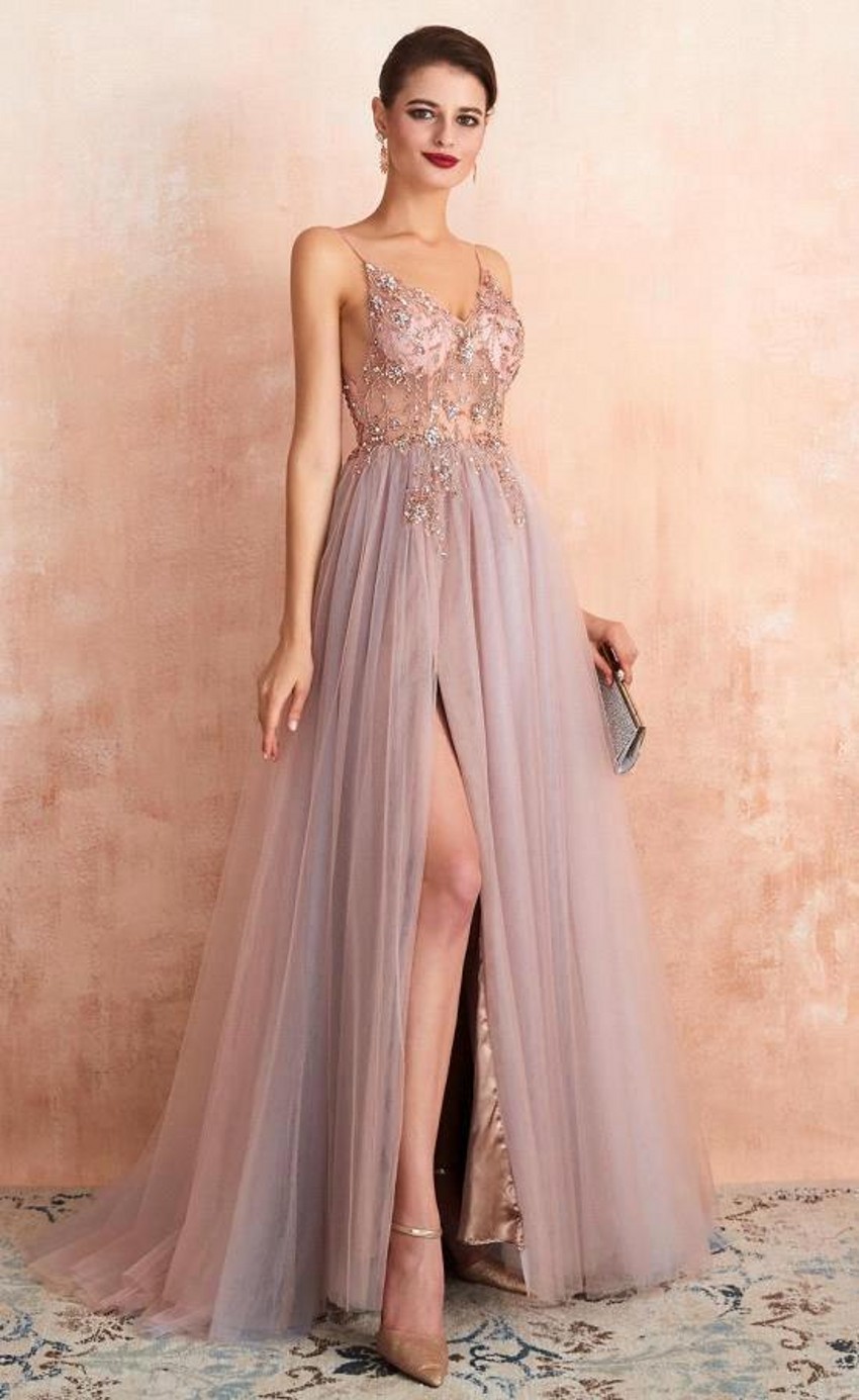 Line Modern A Tulle Prom Dresses Sexy Spaghetti Straps Front Slit Long Evening Party Gowns Open Back Bridesmaids Wears BC