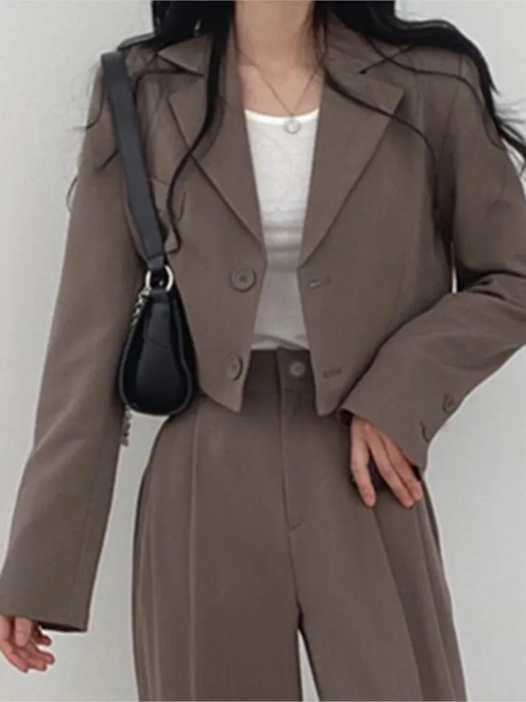 Women's Suits Blazer's Solid Casual Blazer Jacket Wide Leg High Waist Pants Office Lady Autumn Spring Crop Tops Coats Two Piece Sets 231219