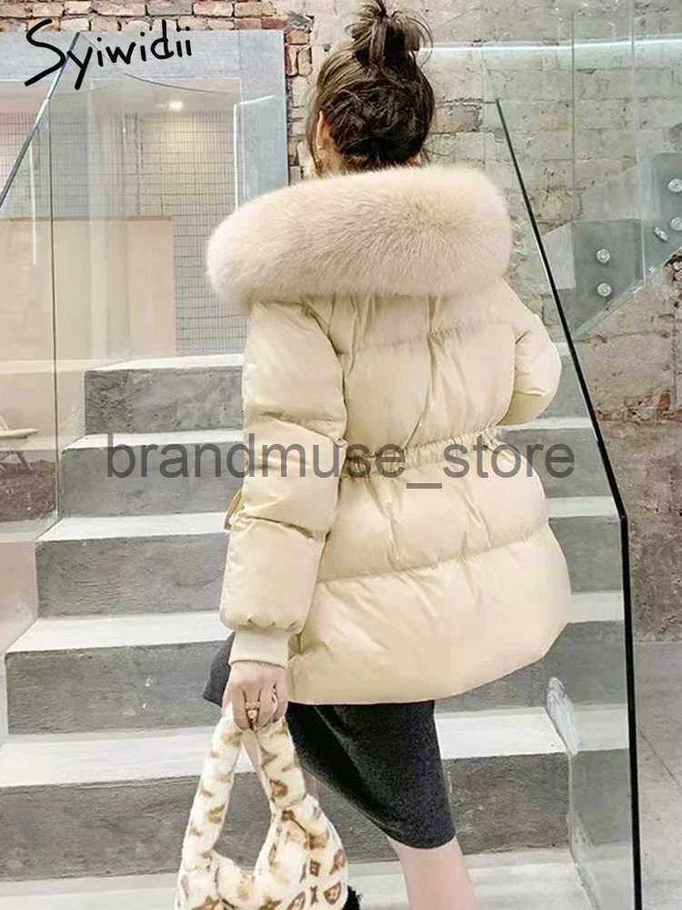Women's Down Parkas Syiwidii 90 Duck Down Jacket Women Hooded Coat Windproof Belted Thick Belted Fur Collar Solid Zippers Warm New Fashion Clothi