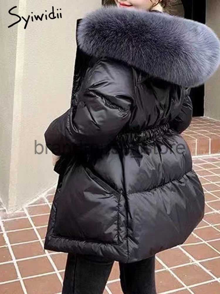 Women's Down Parkas Syiwidii 90 Duck Down Jacket Women Hooded Coat Windproof Belted Thick Belted Fur Collar Solid Zippers Warm New Fashion Clothi